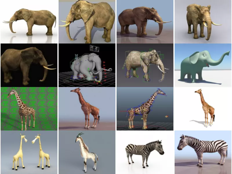 High Quality Free 3D Animal List: Elephant, Giraffe, Zebra, with Rig, Realistic & Cartoon Style