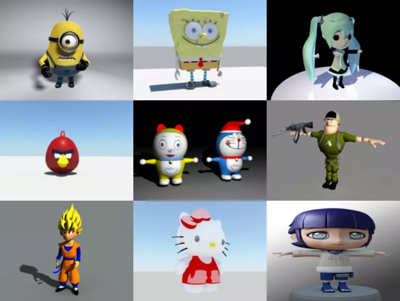 12 Cartoon Character Free Maya 3D Models: Minion, Angry Bird, Soldier, Kitty Cat…