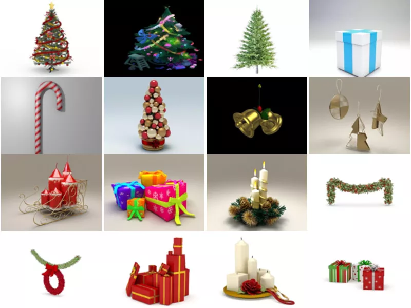 20 High Quality Christmas Decorating Free 3D Models Collection: Pine Tree, Gift Box, Bell, Candle, Wealth, Easter Egg, Snowman