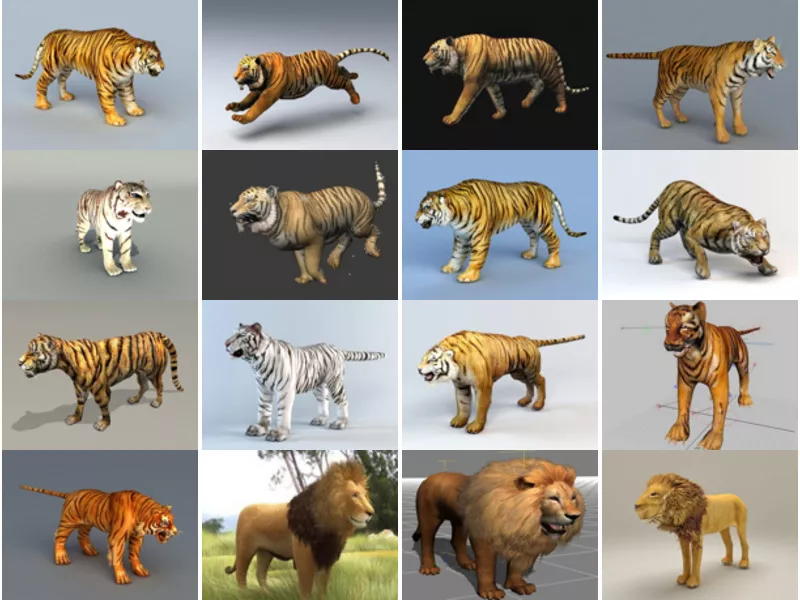 20 Realistic Animals Free 3D Models: Asia Tigers, African Lions, with Realistic Style & High Detailed