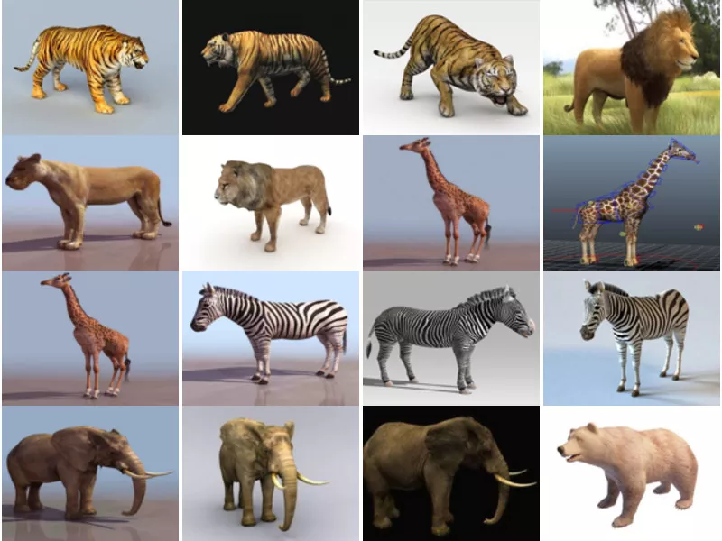 20 Realistic Land Animal Free 3D Models: Tiger, Lion, Giraffe, Zebra, Elephant, Bear