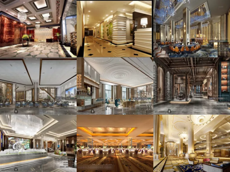 High Quality 10 Building Hall Interior Scene Free 3ds Max Models: Hotel Hall, Hallway, Showroom Hall, Reception Hall, Wedding Hall, Office Building Hall
