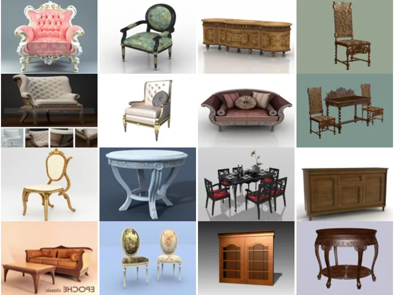 20 Files Free 3D Models with Antique Furniture Collection: Chair, Sofa, Table, Cabinet, Drawer