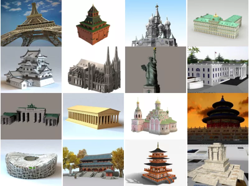Download 20 Famous Architecture Buildings Free 3D Models: Tower, Temple, Church, Gate, Stadium