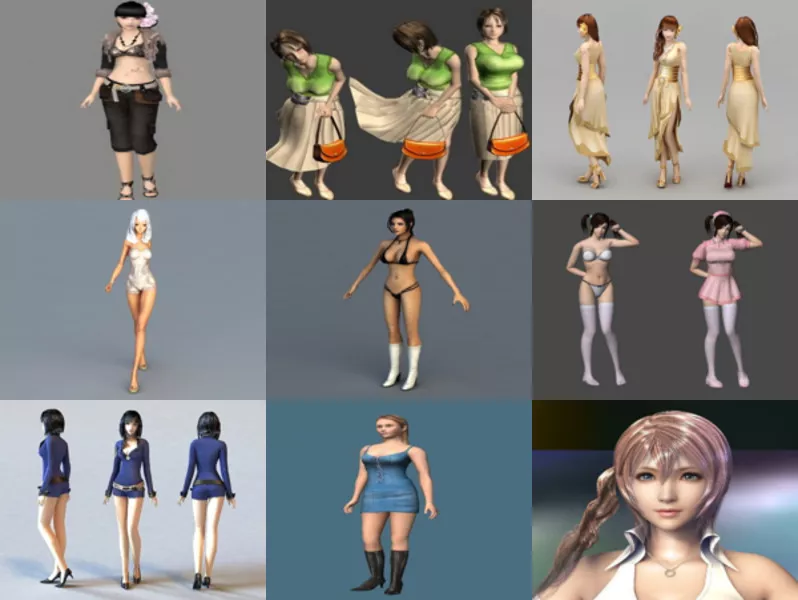 Download 10 Beautiful Girl Character 3D Models: Beauty Young Girl with Rigged, Underwear Girl, Bikini Girl, Housemaid, Police, Final Fantasy, Preppy Girl…