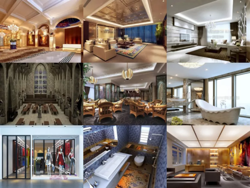 Download 10 Realistic Free 3ds Max Interior Scenes: Living Room, Hall, Restaurant, Bathroom, Office, Store.