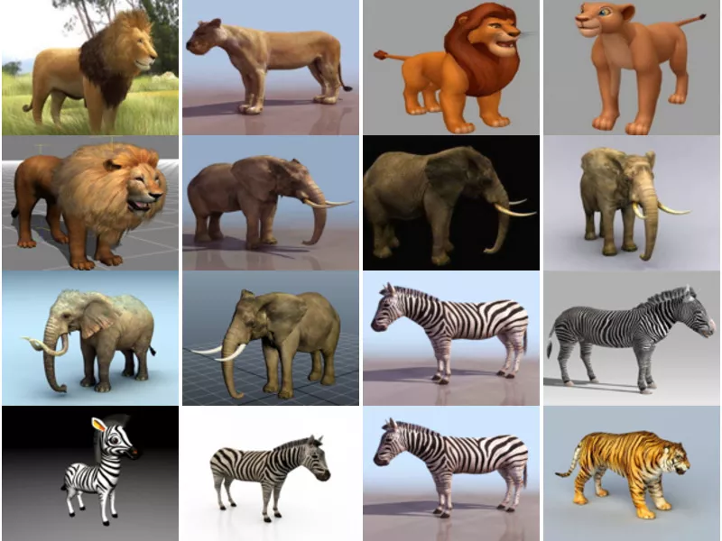 Realistic 20 Files Animal Free 3D Models: Africa Lion, Lion King Characters, Asia Elephant, Mammoth, Wild Zebra, Tiger Rigged, Bengal Tiger