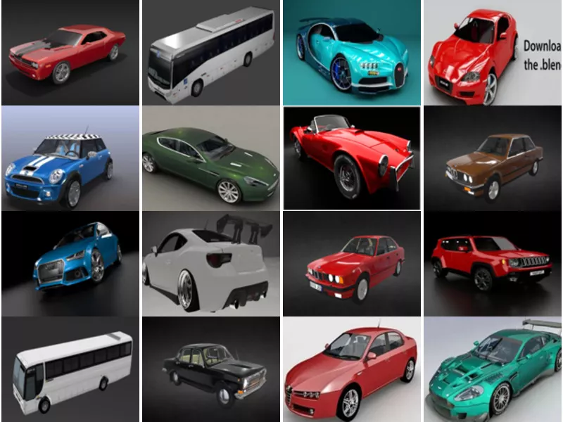 Top 20 High Quality Blender Car Free 3D Models: Bugatti, Aston Martin, Bmw, Audi, Jeep, Aston Martin, Ford Mustang, Audi R8…
