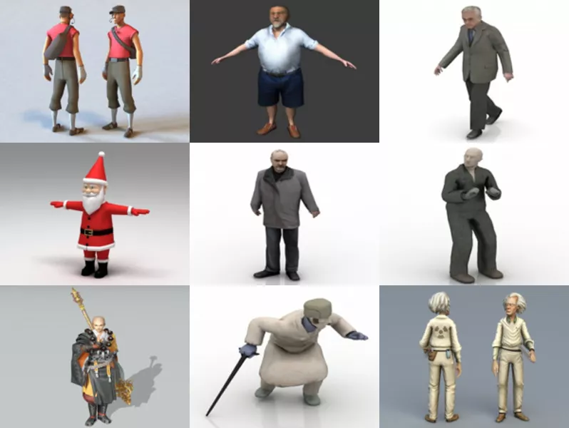 10 Old Man Free Character 3D Models: Santa, Jacket Man, Standing Old Man, Chinese Warrior…