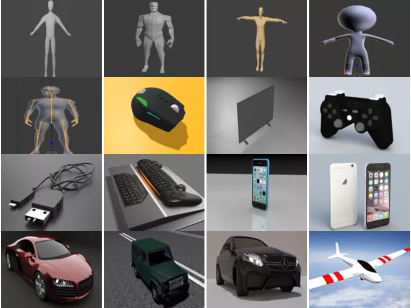 20 Files Blender Free 3D Models: Character Base Body, Electronic, Vehicle Car
