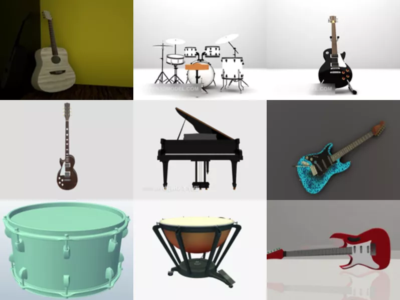 10 Free 3D Models Music Instrument: Guitar Acoustic, Drum, Grand Piano, Tenor Drum, Shawm