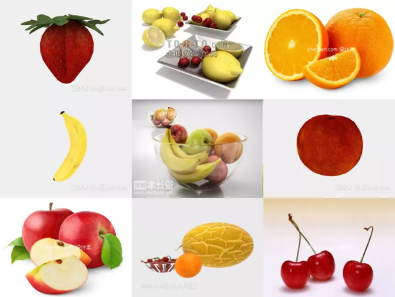 10 Free 3D Models Realistic Fruits Collection: Strawberry, Lemon, Orange, Banana, Peach, Apple, Hamigua, Cherry Fruit, Sydney Fruit