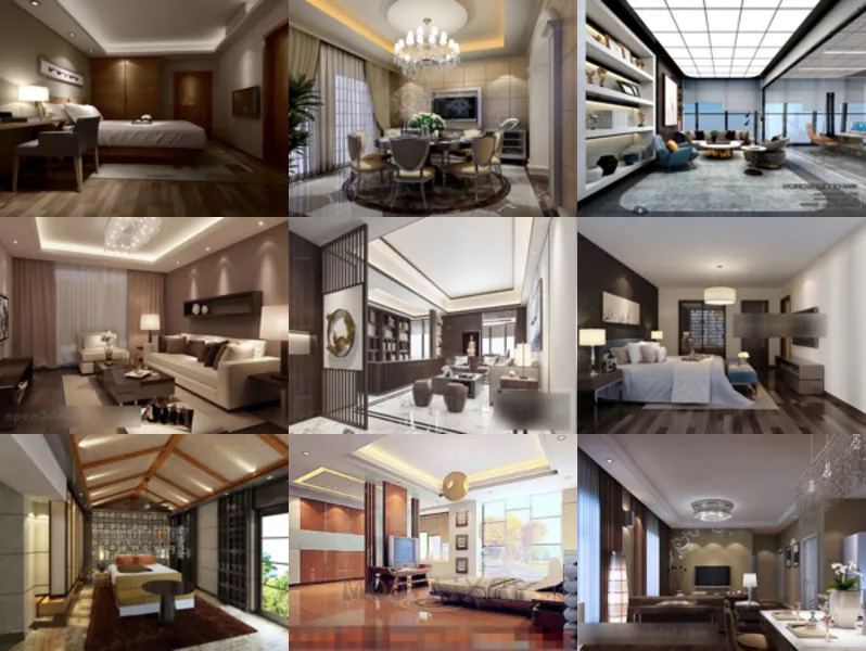 11 Elegant Interior Design Free 3D Models Scene: Bedroom, Living Room, Dining Space, Restaurant, Club