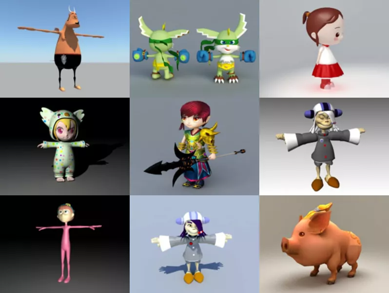 12 Cute Cartoon Character Free 3D Models: Demon, Rabbit Boxer, Girl, Toddler, Warrior Boy, Pig, Wizard…