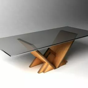 Rectangular Glass Coffee Table Wood Leg 3d model