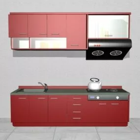 Small Apartment Red Kitchen Cabinet 3d model