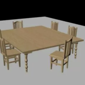 Antique Wooden Dining Table And Chairs 3d model