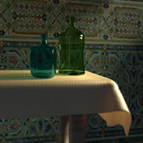 Glass Bottles On Table With Table Cloth 3d model