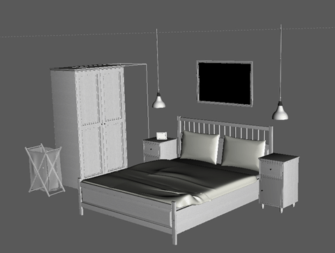 Ash Wooden Bed With Photo Frame Backwall 3d model