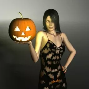 Halloween Pumpkin Lantern With Girl Character 3d model