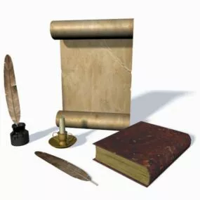 Vintage Scroll Feather With Book 3d model