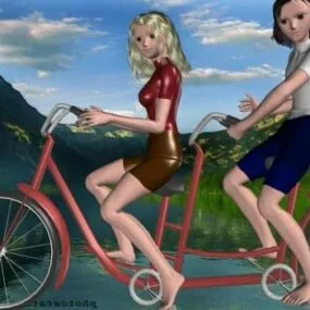 Girls Character On Double Bicycle 3d model
