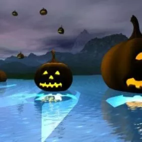 Halloween Decoration With Pumpkin And Lantern 3d model
