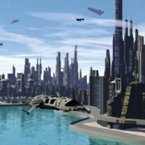 Futuristic City With Airship Transport 3d model
