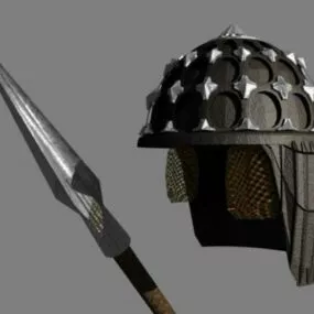 Medieval Spear With Helmet 3d model