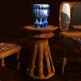 Wood Stool With Porcelain Vase 3d model