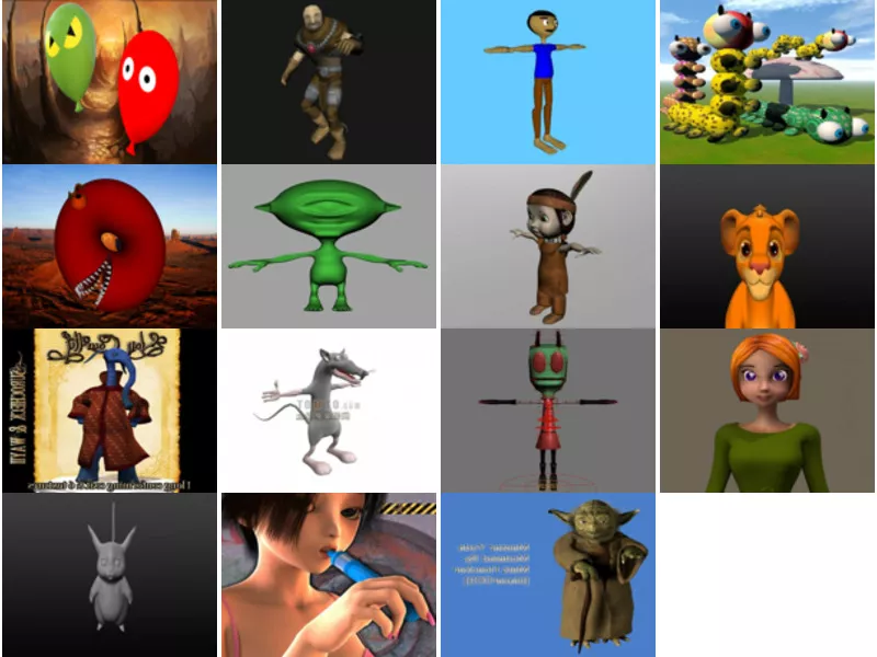 15 Free 3D Cartoon Characters, Balloon, Man, Worm, Girl, Mouse, Caterpillar, Lion, Elephant 3D Models