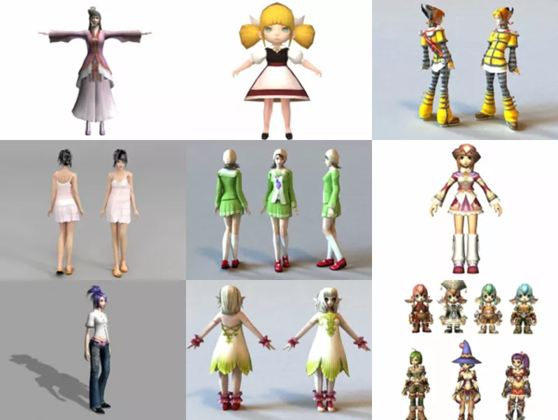 11 Cartoon Girl Characters Models Free 3D Mar.2024