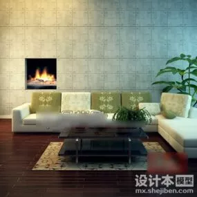 White Corner Sofa With Coffee Table In Living Room 3d model