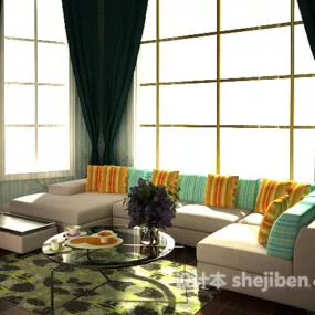 U Sofa With Colorful Cushion In Living Room 3d model