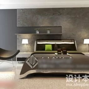Double Bed Set For Hotel Room 3d model