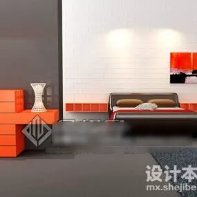 Modern Flat Bed With Cabinet And Decoration 3d model