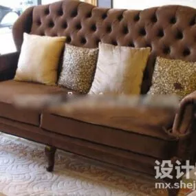 Brown Leather Tufted Sofa With Cushion 3d model