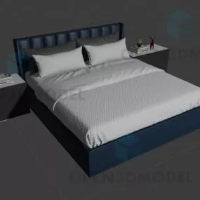 Upholstered Leather Bed With Pillows And Night Stand 3d model