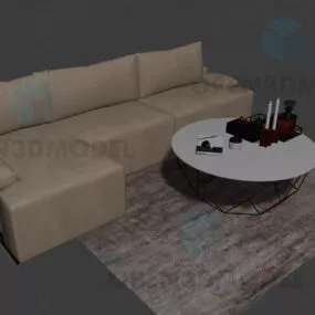 Living Room Leather Sofa, Cushion And Glass Coffee Table 3d model