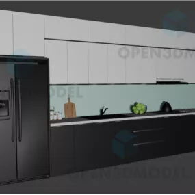 Black Refrigerator In Modern Kitchen Cabinet With Sink 3d model