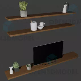 Tv On Wooden Shelf With Vase Pot Plant 3d model