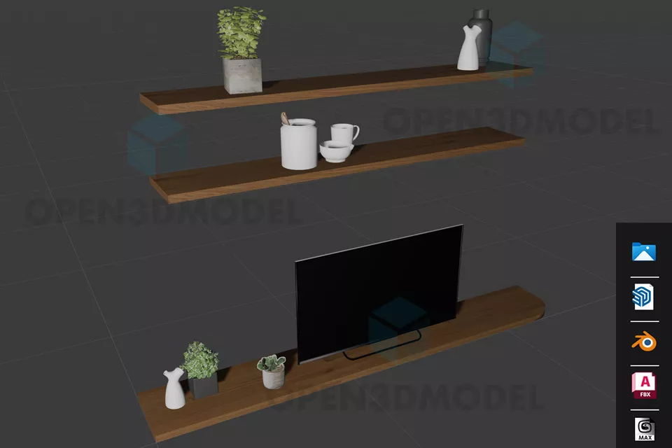 Tv On Wooden Shelf With Vase Pot Plant 3d model Tv On Wooden Shelf With Vase Pot Plant 3d model