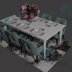 Dining Table With Flower Vase Set Of Food Disc 3d model