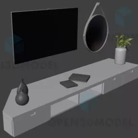 Tv Desk With Mirror Vase And Pot Plant 3d model