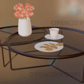 Round Glass Coffee Table With Plate Cookies 3d model