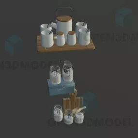 Collection Jar, Pot, Cup On Wood Shelf 3d model