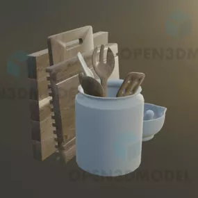 Kitchen Utensils In Cup With Cutting Board 3d model