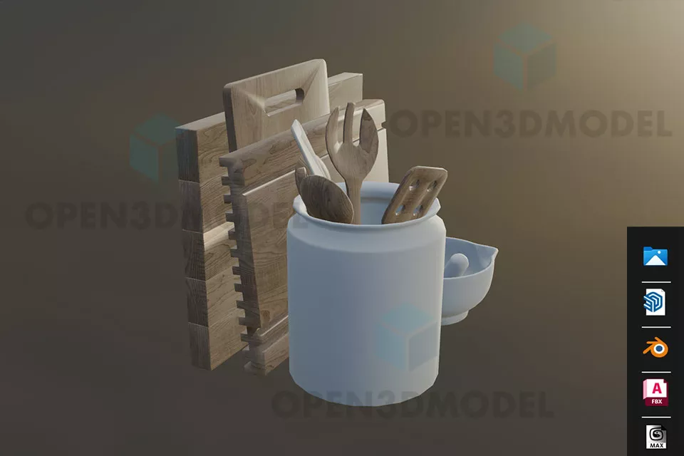 Kitchen Utensils In Cup With Cutting Board 3d model Kitchen Utensils In Cup With Cutting Board 3d model