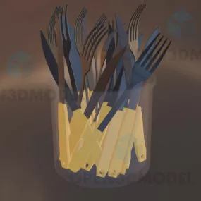 Kitchen Knives Set In Glass Bucket 3d model