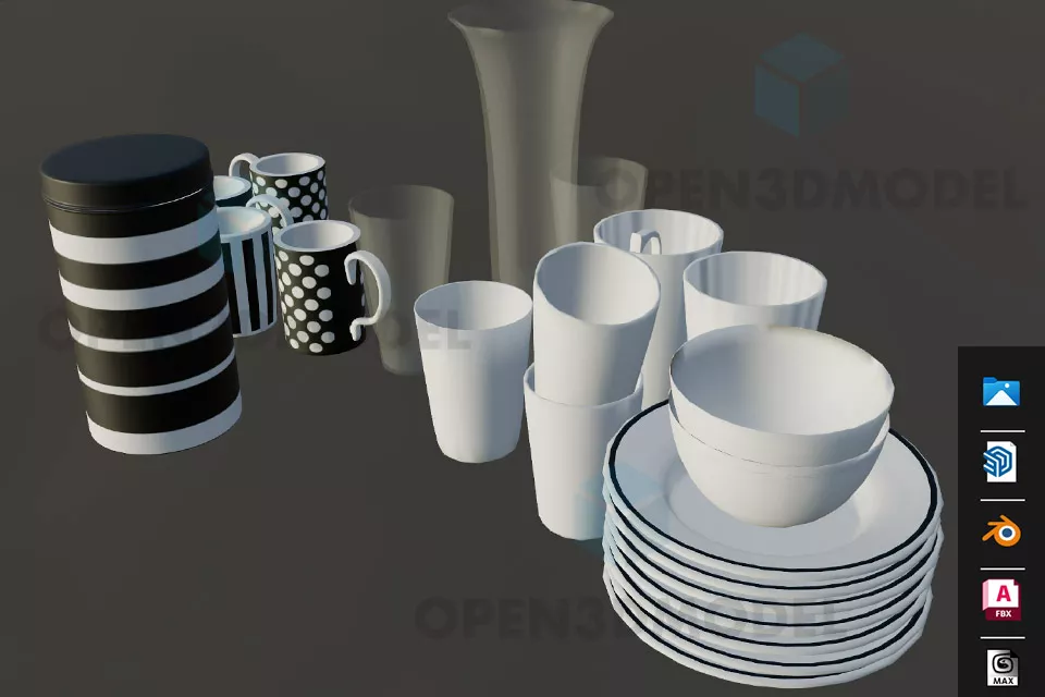 Group Dishes And Cups 3d model Group Dishes And Cups 3d model